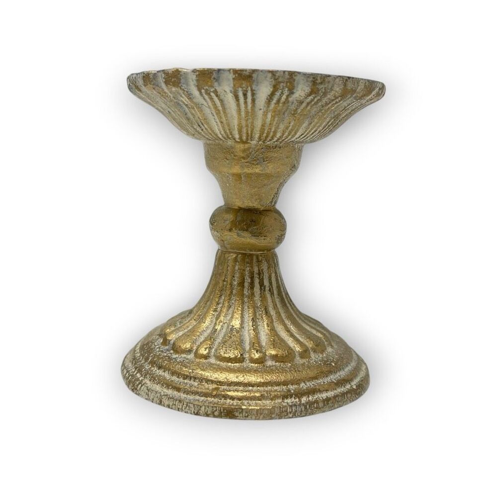Heavy Vintage Cast Iron Metal Distressed Gold Colored Candle Holder 3.5" Tall